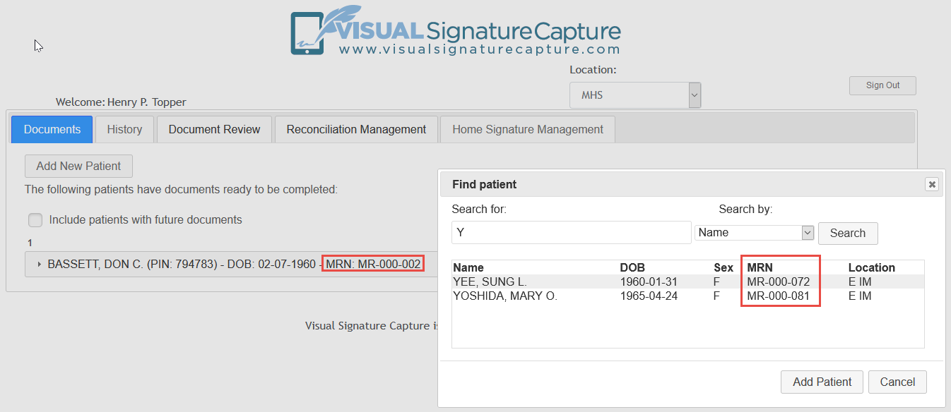 Screenshot of Document Tab and Dialog Box with MRNs displayed